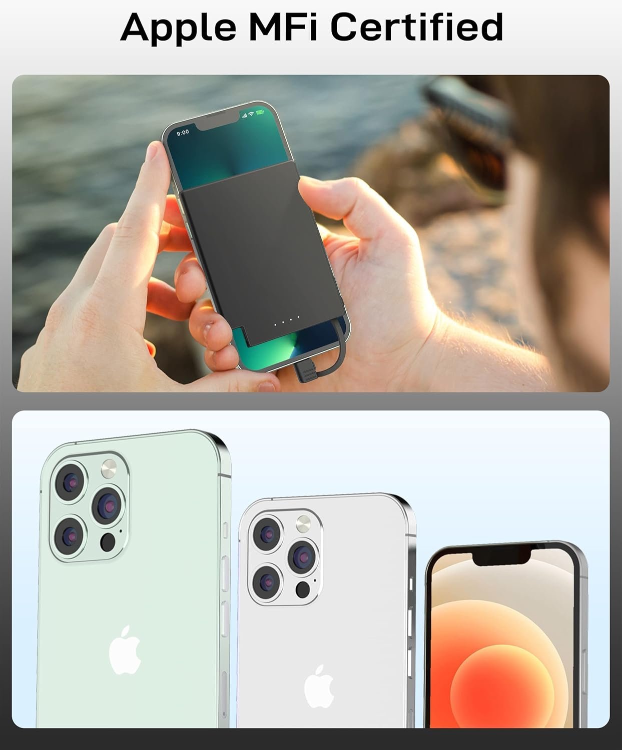 TNTOR Portable Charger with Built in Cable (MFi Apple Certified), 3500mAh Ultra Slim Power Bank for iPhone 14 13 12 11 X 8 7 6 5 SE Series