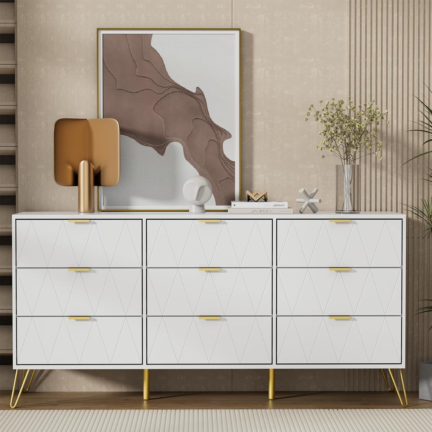 UEV 3 Piece Bedroom Furniture Set, 9 Drawer Chest of Drawers with Two Drawers with 4 Drawers, Style with Handles and Feet in Gold, Lines Pattern, Scandinavian Style (White)