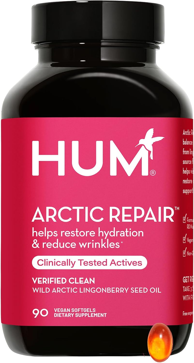 HUM Arctic Repair - Anti-Aging Supplement - Vitamins A & E Rejuvenate Skin Hydration - Omega 3, 6 & 9 with Lingonberry Seed Oil to Help Diminish Appearance of Wrinkles (90 Vegan Softgels)