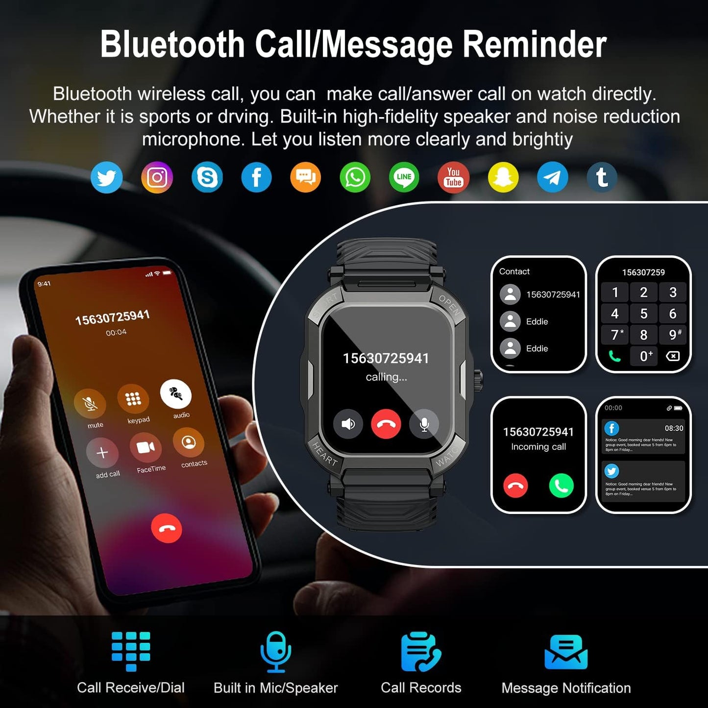 Waterproof Men's Fitness Watch Smartwatch: Bluetooth Calling and Hands-Free Response Military Smart Watch Tracker Heart Rate Monitor Pedometer Blood Pressure Calorie Sports for Android iOS