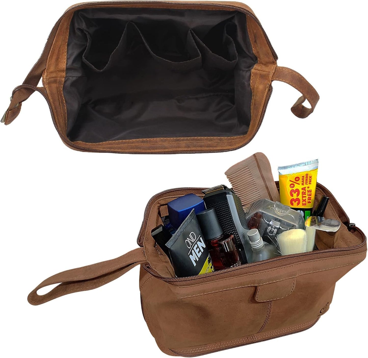 Leather Toiletry Bag for Men - Travel Shaving Dopp Kit - Cosmetic Makeup Bag for Women - Bathroom Hygiene Organizer
