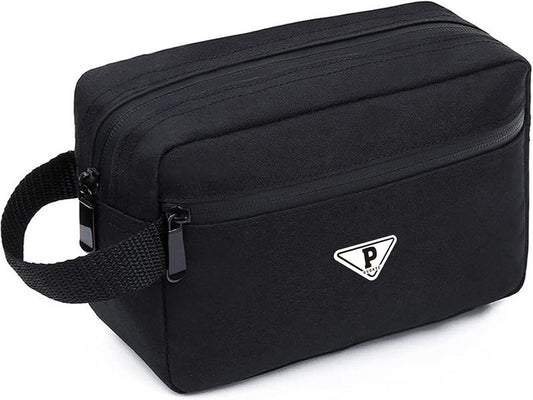 RVOKYE Small Travel Toiletry Bag for Men Women Personalized Initial Toiletry Bag Water-Resistant Mini Bathroom Bag Compact Hygiene Pouch for Travel or Gym (P, Black)