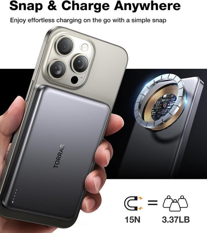 TORRAS MiniMag Power Bank,Ultra-Slim 10,000mAh Magnetic Wireless Portable Charger, 22.5W Fast Charging Battery Pack with USB-C Cable Designed for iPhone 16 Pro Max/16 Pro/16/15/14/13/12, Glacier Gray