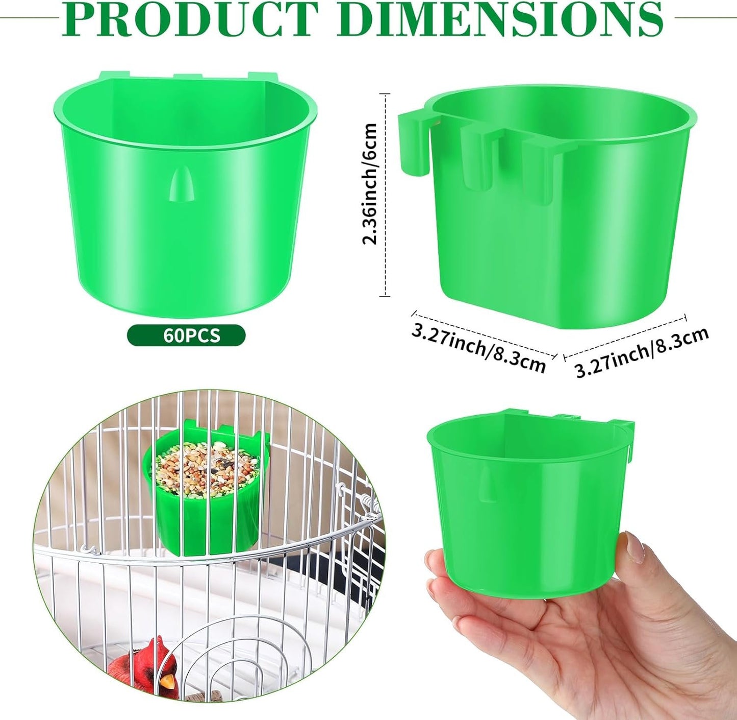 Sumind 60 Pieces Cage Cups Birds Hanging Feeders Seed Bowl 8 oz Plastic Chicken Feeder Water Bowl Hanging Chicken Waterer Feeding Watering Dish Coop Cups for Gamefowl Parrot Parakeet Poultry(Green)