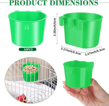 Sumind 60 Pieces Cage Cups Birds Hanging Feeders Seed Bowl 8 oz Plastic Chicken Feeder Water Bowl Hanging Chicken Waterer Feeding Watering Dish Coop Cups for Gamefowl Parrot Parakeet Poultry(Green)