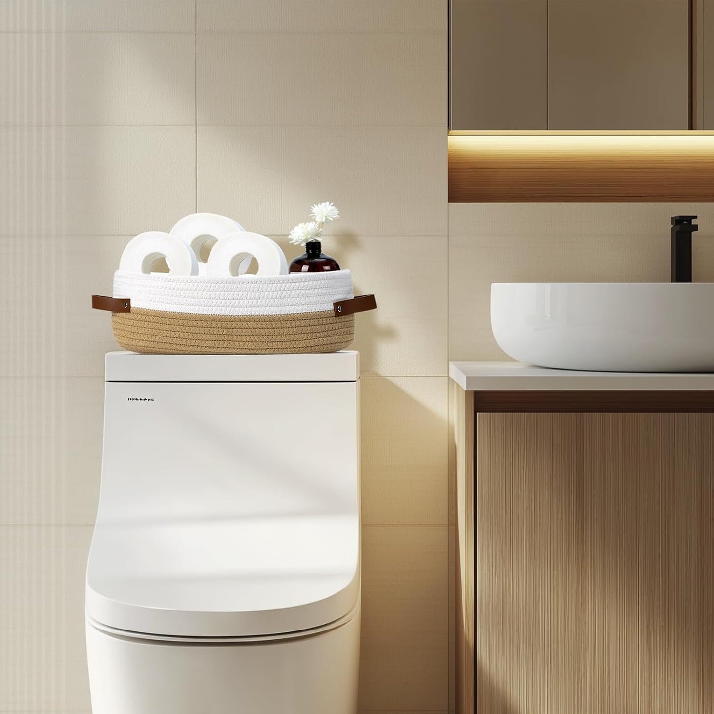 DIMJ Woven Rope Baskets Cotton - 4 Pack Toilet Paper Basket Small Nursery Storage Basket Set With Handles, Rectangle Cute Baskets for Gifts for Home Decor Organization Baby, Nursery,White and Brown