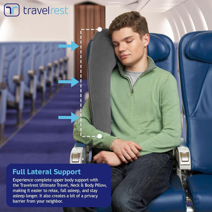 Travelrest Ultimate Travel Pillow for Neck and Body, Airplane and Car Seats, Inflatable Space Saver for Sleeping on Long Flights, Nap on Road Trips, Car and Bus Travel (Grey)