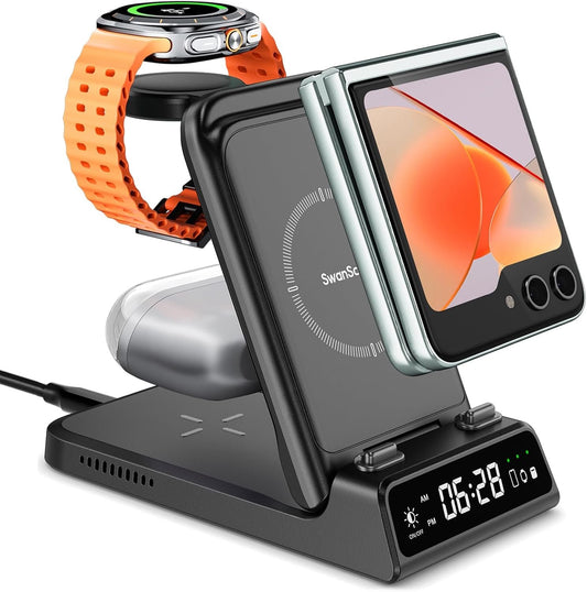 SwanScout Charging Station for Samsung Z Flip 6, SwanScout 703F, Wireless Charger for Samsung Galaxy Z Flip 5/4/3, Galaxy Watch Ultra/7/FE/6/6 Classic/5/5 Pro, Galaxy Buds 3 Pro/3/2 Pro/2 (No Adapter)