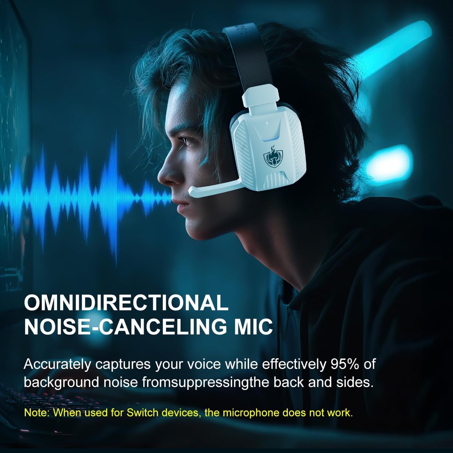 YOTMS 2.4GHz Wireless Gaming Headset for PS5, PS4, PC, Switch, Over Ear Gamer Headphones with Noise Canceling Mic, 7.1 Surround Sound, 30+Hr Battery, Bluetooth 5.3 for Phone/Laptop/Tablet/Mac (White)