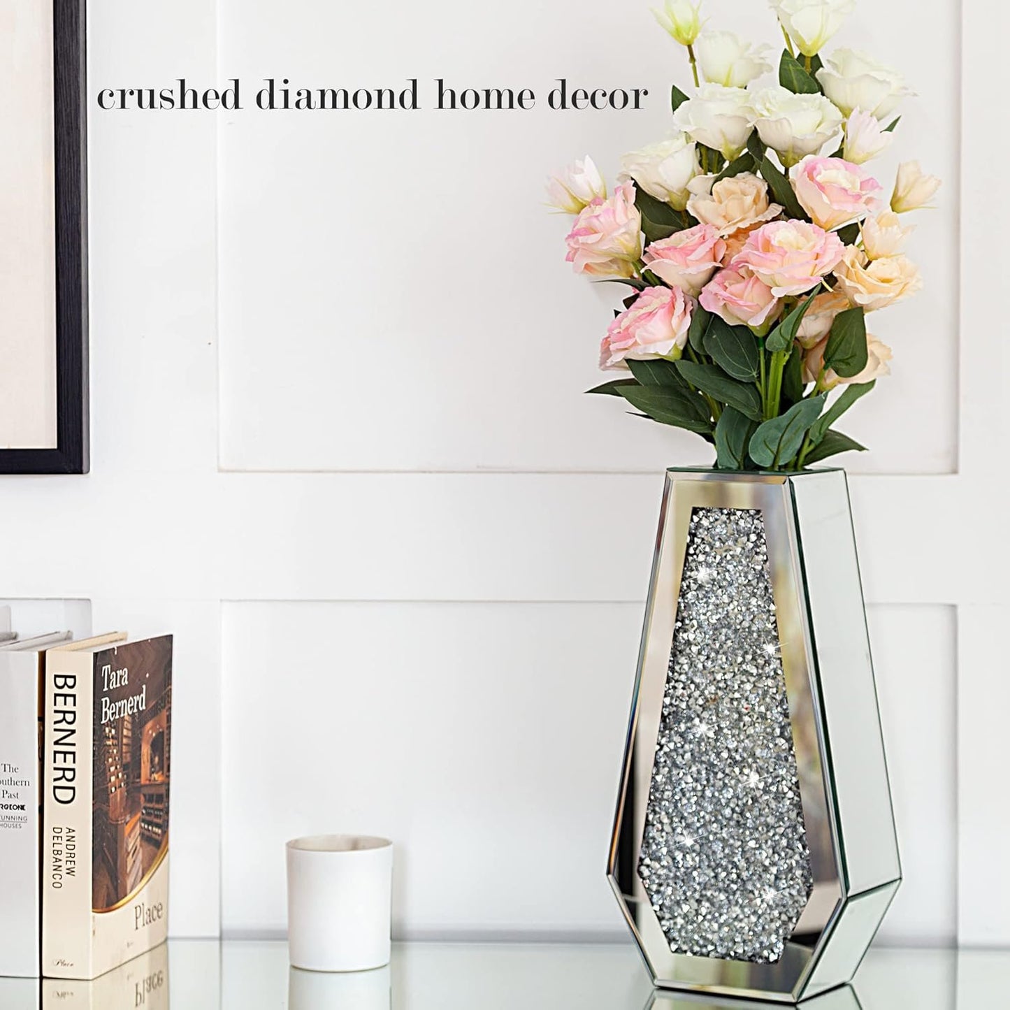 Crushed Diamond Flower Vases Decorative Large Clear Glass Mirrored Vase Silver Crystal Vase for Home Decor Can Not Hold Water,36H cm