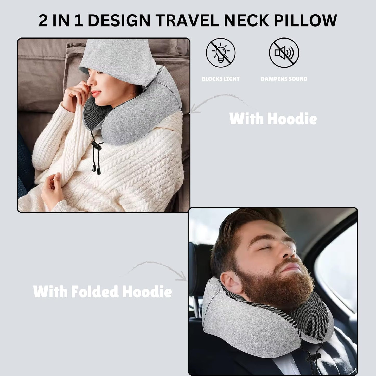 Premium Memory Foam Travel Neck Pillow with Adjustable Strap, Ergonomic Design for Neck Protection Hooded U-Shape Breathable Pillow, Includes Bag, Earplugs & Eye Mask for Convenience and Comfort