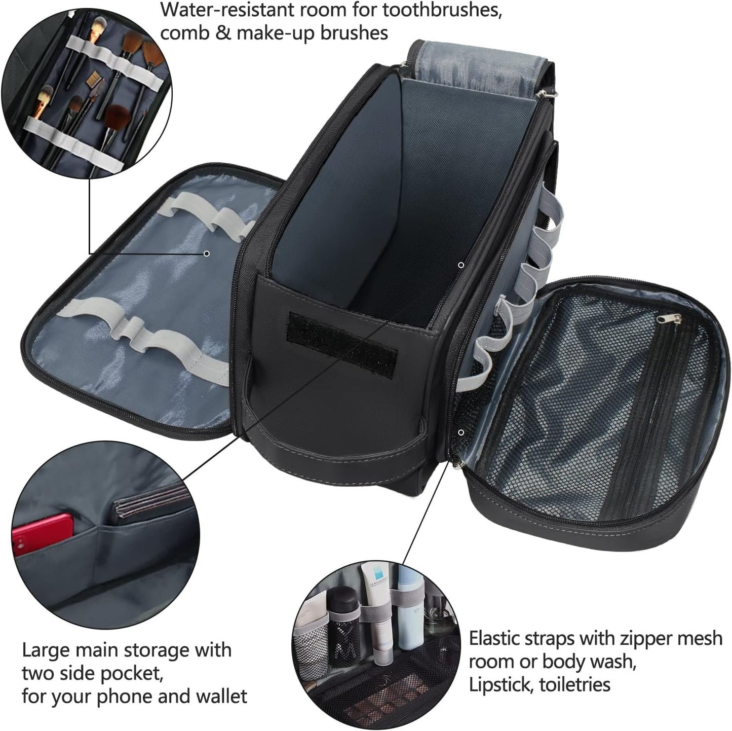 Buruis Large Toiletry Bag for Men & Women, PU Leather Travel Toiletry Organizer, Dopp Kit, Water-resistant, Black, XL, Toiletry Bag