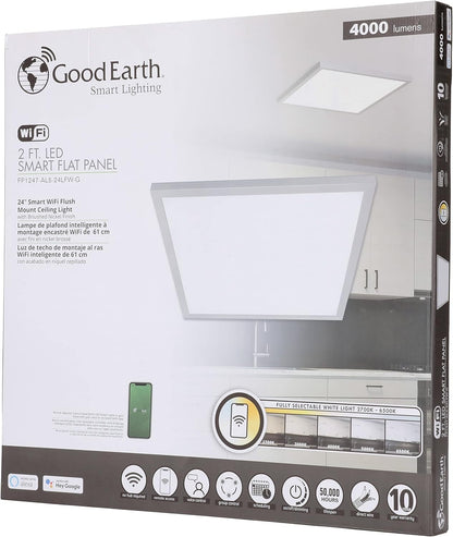Good Earth Lighting 24in Smart Direct Wire LED Flat Panel Ceiling Light Fixture in Brushed Nickel, 4000 Lumens Wi-Fi & Bluetooth Capable, Fully Selectable White Light Settings from 2700K to 6500K