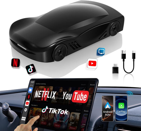 4-in-1 Carplay Ai Box,Wireless CarPlay & Android Auto Adapter,Compatible with Netflix/YouTube/TIK Tok/Screen Mirror Link/TF Card,Suitable for Cars Equipped with OEM Wired CarPlay,Plug & Play