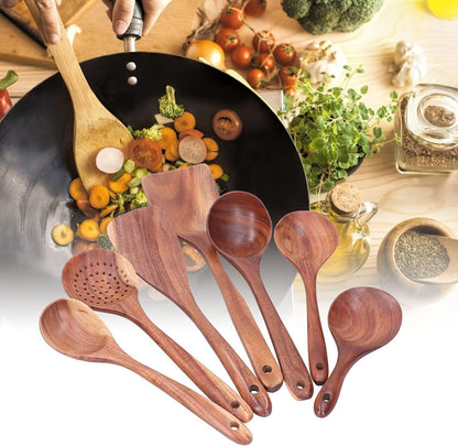 Yomiyuyr Wooden Spatula Spoon Set, Naturals Teak Wooden Cooking Utensils for Non Stick Pans, 7 Piece Set, eco friendlys Kitchen Tools with Hanging Hole