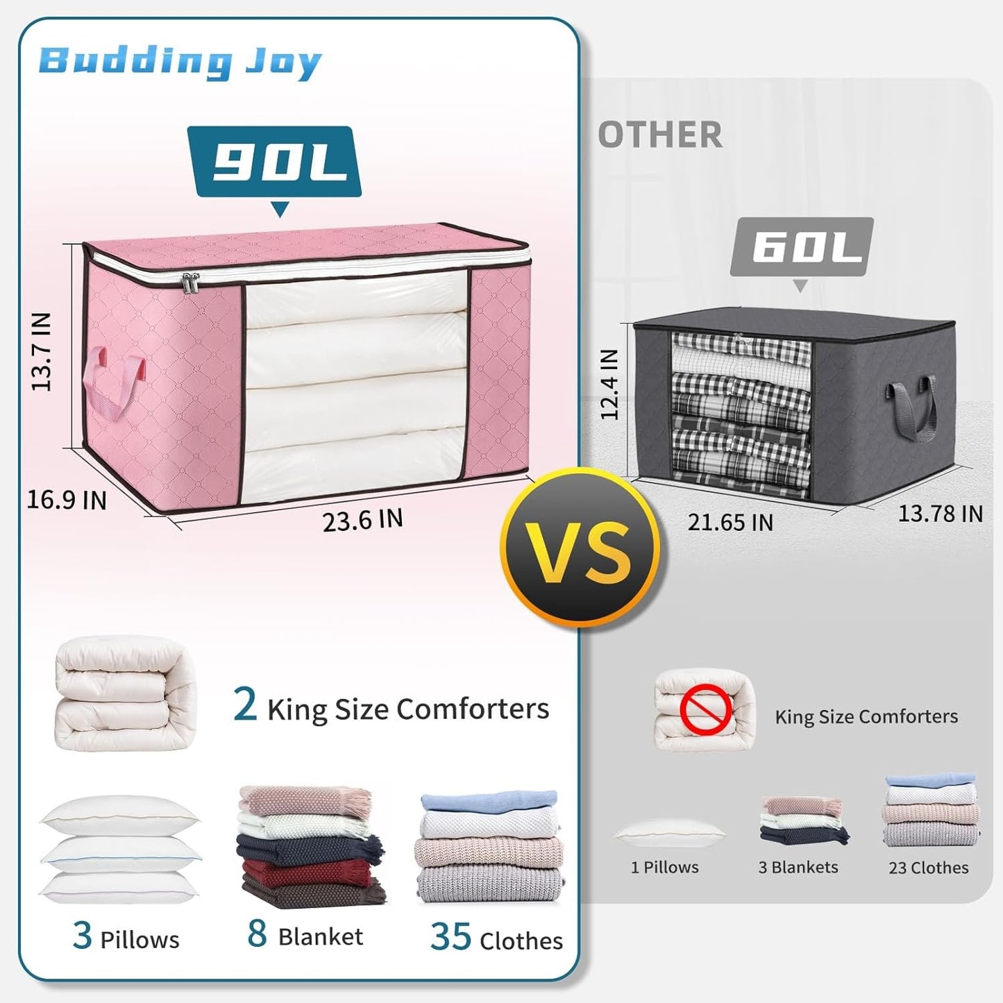 90 L Large Storage Bags 6 Pack Clothes Storage Bins Foldable Closet Organizer Storage Containers Storage and Organization for Blanket Comforters Bed Sheets Pillows (Pink)