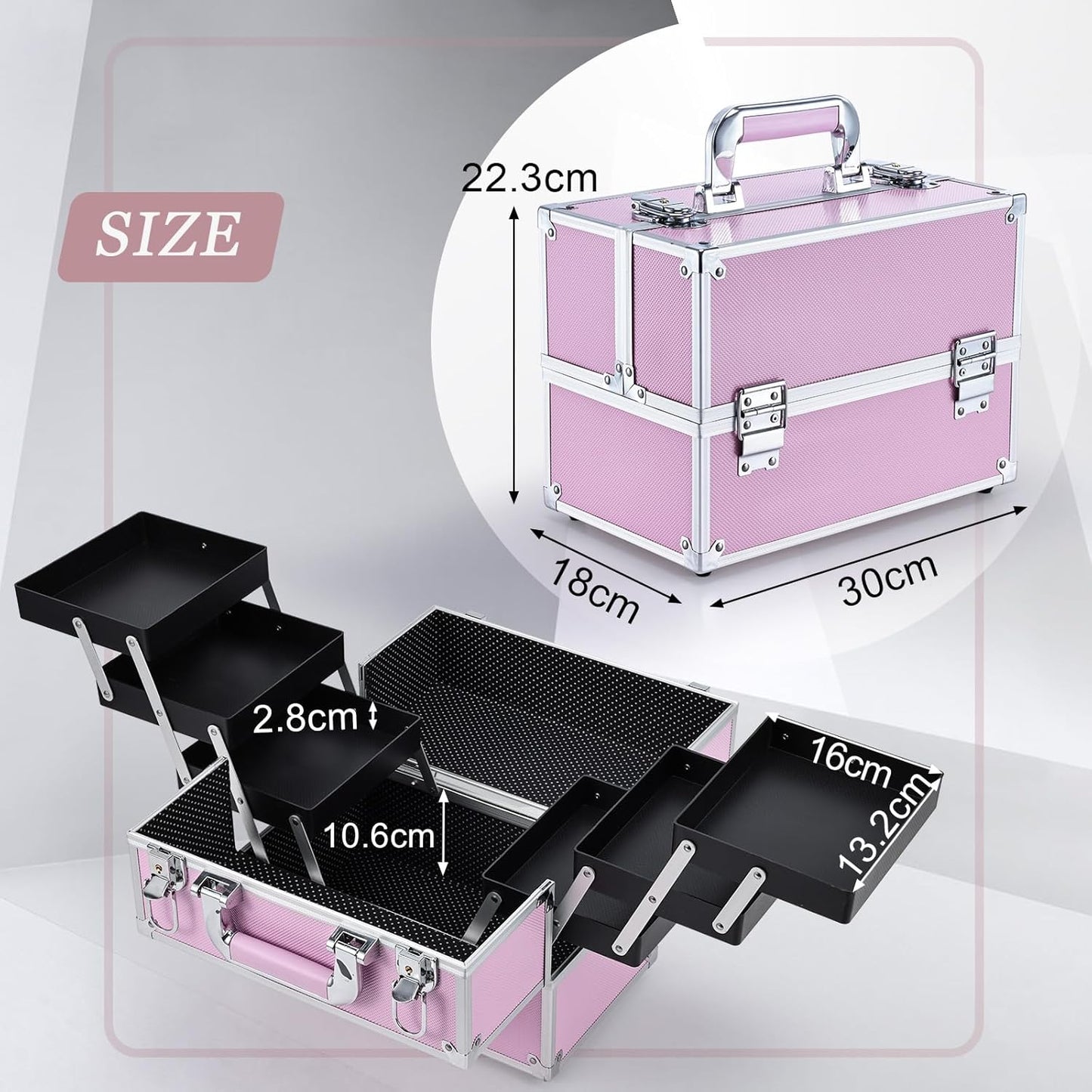 Professional Makeup Case Large Size Cosmetic Case Cosmetic Case Makeup Organizer 6 Trays Lockable, pink, L