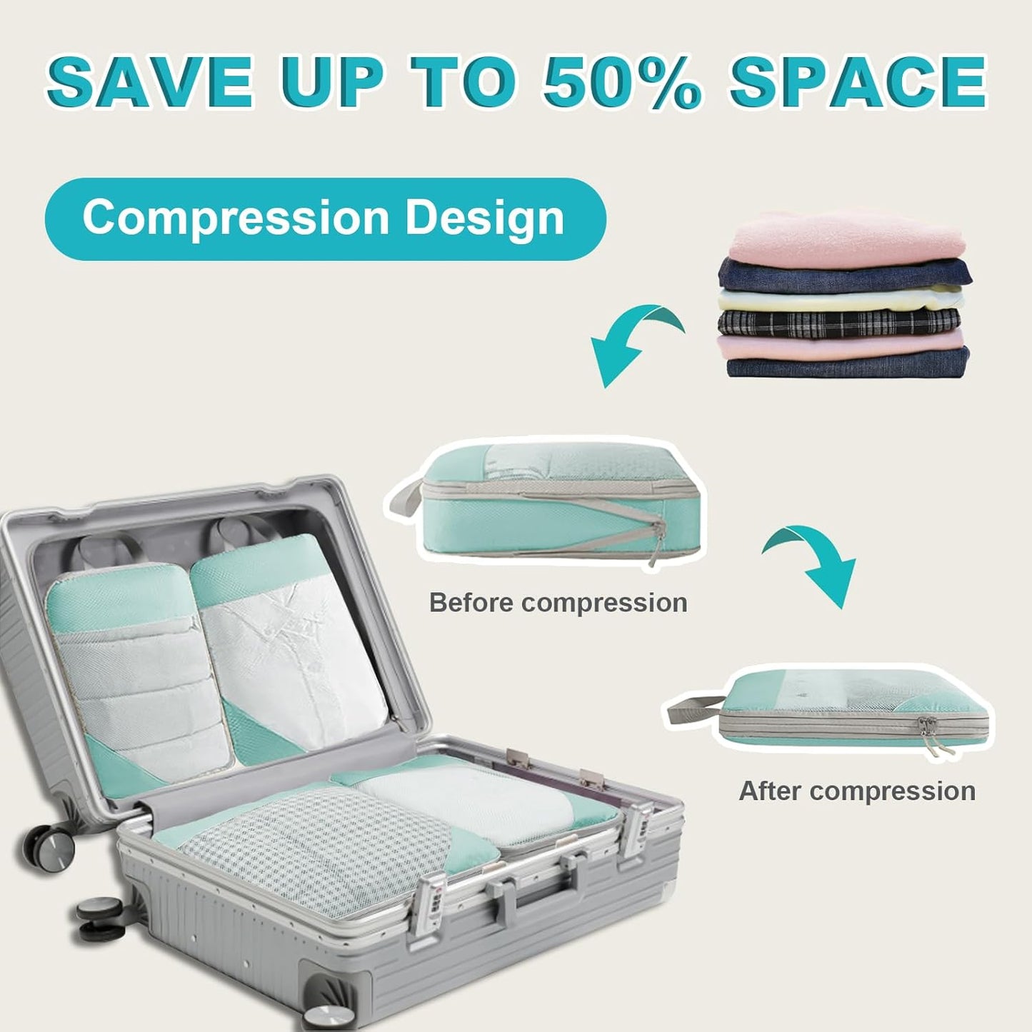 8 Pack Compression Packing Cubes for Travel, Lightweight Multi-size Compression Cubes, Travel Suitcase Luggage Organiser Bags for Clothes Shoe Toiletry Laundry Packing Organiser (Blue)