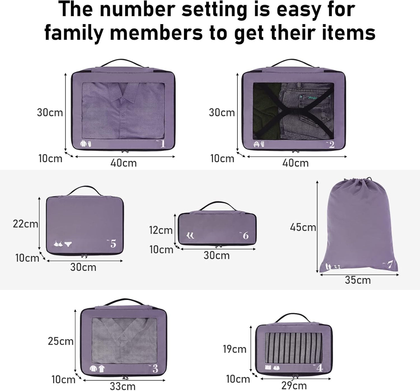 ECOHUB Organizer Suitcases 7 Pieces Packing Cubes Kit Travel Kit Environmentally Friendly PET Travel Accessories Organizer Space-Saving Travel Shoe Holder Organizer Backpack (Purple)