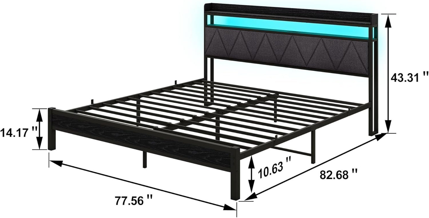 VERFARM King Size Bed Frame with LED Lights Storage Upholstered Headboard and Charging Station, Heavy Duty Metal Platform King Size Bed Frame, No Box Spring Needed, Noise Free, Easy Assembly