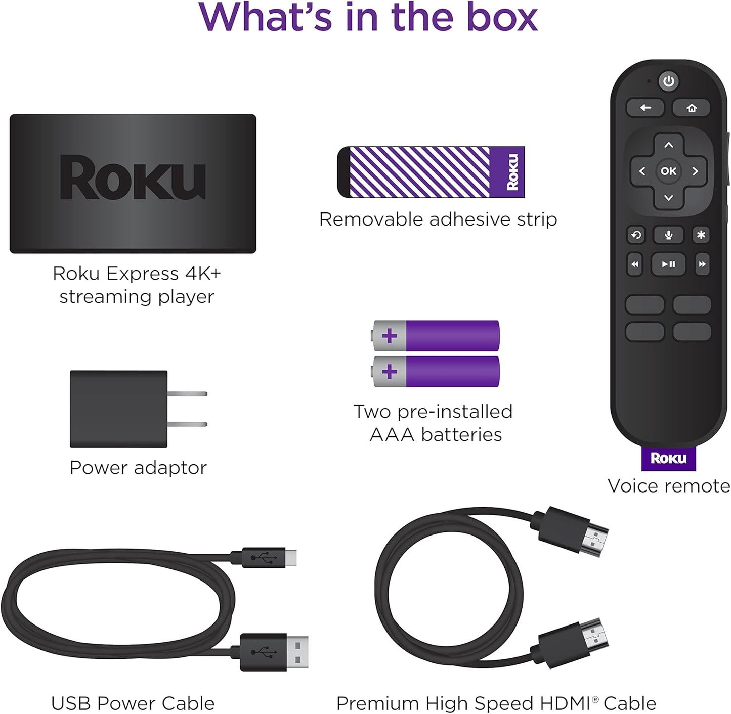 Roku Express 4K+ | Streaming Player HD/4K/HDR with Roku Voice Remote with TV Controls, Includes Premium HDMI Cable