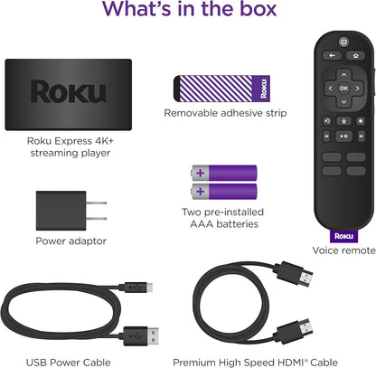 Roku Express 4K+ | Streaming Player HD/4K/HDR with Roku Voice Remote with TV Controls, Includes Premium HDMI Cable