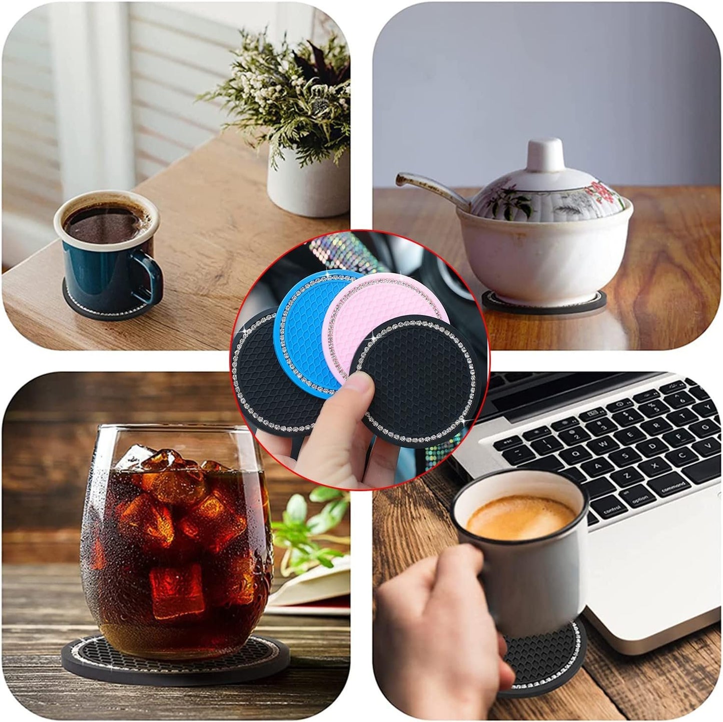 Paifeancodill 2 Pcs Universal Car Bling Cup Holder Insert Coaster Car Interior Accessories, Car Cup Holder Coaster, Silicone Crystal Rhinestone Vehicle Coaster, Auto Cup Holder Insert Coasters(Pink)