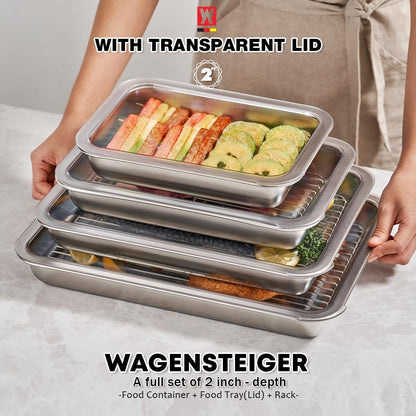 WAGENSTEIGER Stainless Steel Food Prep Container Set with Rack & Transparent Lid, Catering & Buffet Party Pans, Hotel Pans, Food Storage (10.63 x 7.87 x 2 inches / 2.38Quarts)