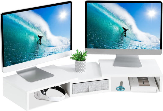TEAMIX Dual Monitor Stand Riser with Drawer - Length and Angle Adjustable Double Monitor Riser Corner Desk Shelf Organizer Long Monitor Riser for 2 Monitors/Laptop/PC/Screen/TV (White, 72-94L cm)
