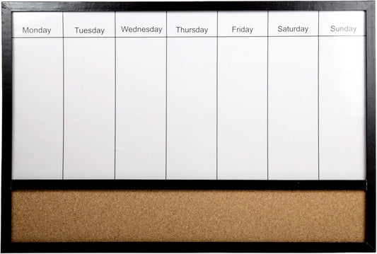 DESK TECH Versatileal Weekly Planner - Half Dry Erase Magnetic White Board with Cork Bulleting Board - 16 x 24 inches, Black Pinewood Wooden Frame - Hangable, Versatile for School, Office and Home Use