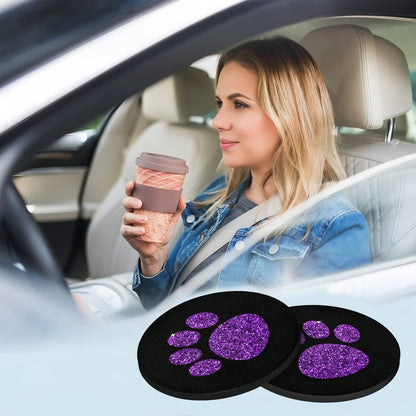 AUCELI 2 Pack Car Cup Holder Coasters, 2.75In Bling Glitter Rhinestone Paw Print Cup Coaster, Rubber Non-Slip Insert Auto Drink Mat, Universal Car Interior Accessories for SUV, Truck, RV (Purple)