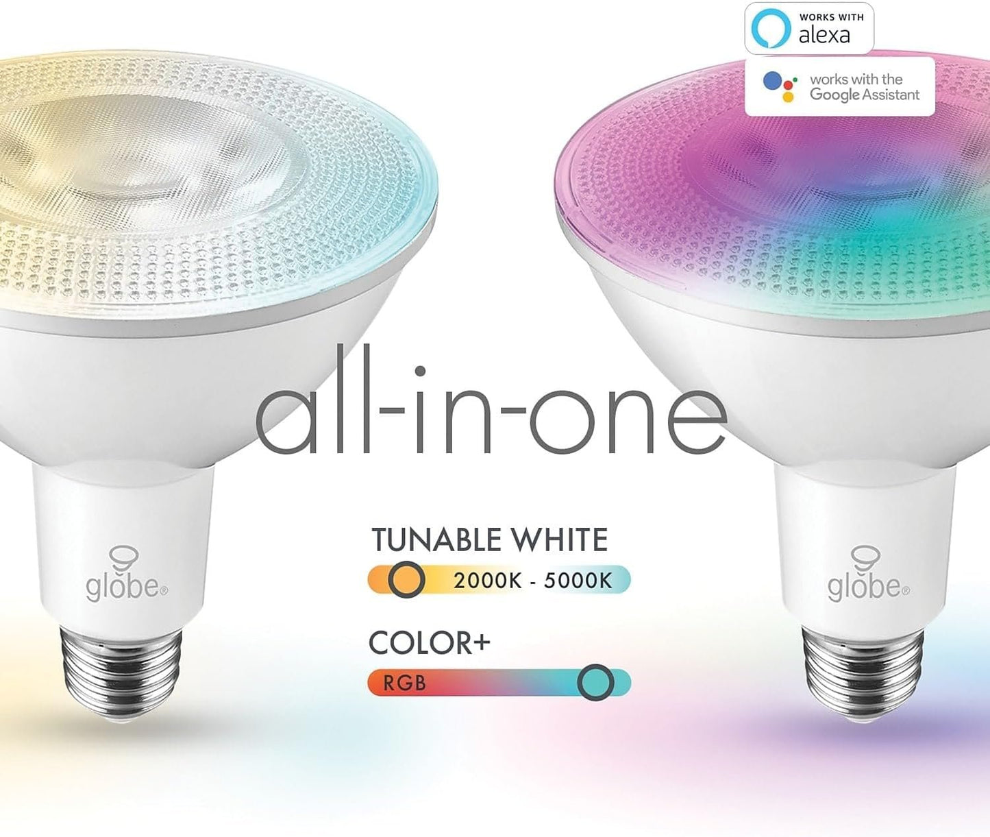 Globe Electric 50043 Wi-Fi Smart 10 Watt (90W Equivalent) Multicolor Changing RGB Tunable White Frosted LED Light Bulb, No Hub Required, Voice Activated, 2000K - 5000K, PAR38 Shape, E26 Base