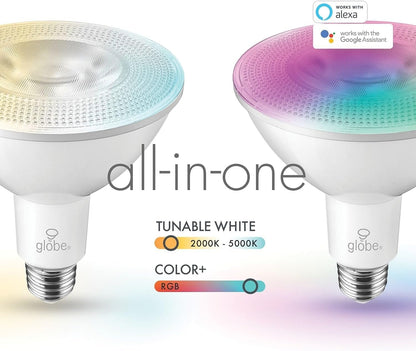 Globe Electric 50043 Wi-Fi Smart 10 Watt (90W Equivalent) Multicolor Changing RGB Tunable White Frosted LED Light Bulb, No Hub Required, Voice Activated, 2000K - 5000K, PAR38 Shape, E26 Base