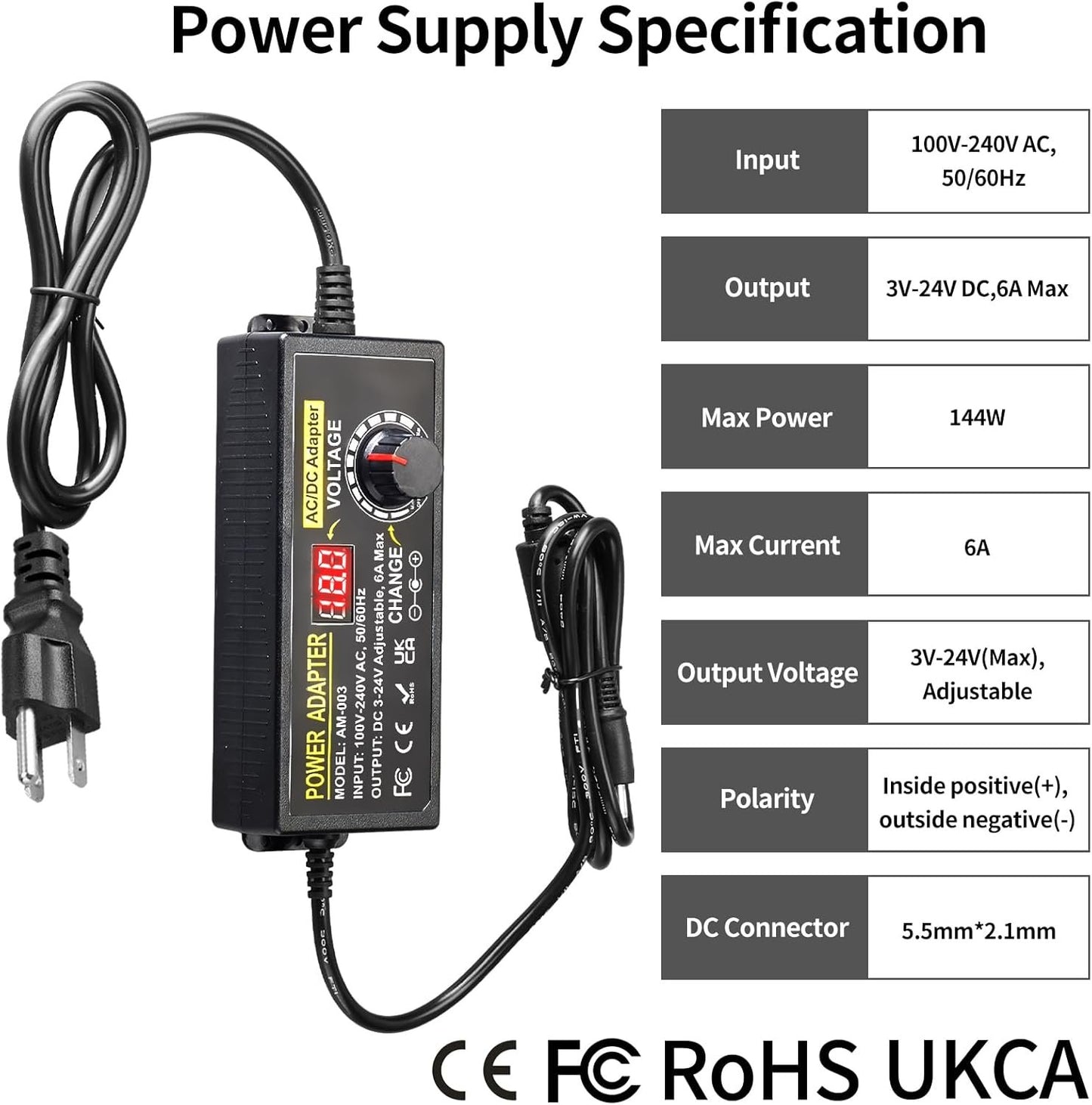 Universal Power Supply Adapter 144W 3V~24V 6A Adjustable Variable Switching Power Adapter 100V-240V AC to DC Converter Transformer with 14 Tips&Polarity Converter3V 5V 6V 9V 12V 15V 16V 18V 19V 20V24V