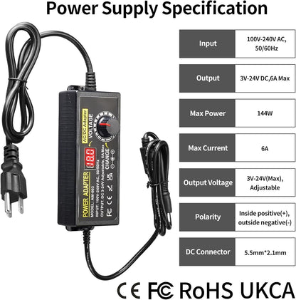 Universal Power Supply Adapter 144W 3V~24V 6A Adjustable Variable Switching Power Adapter 100V-240V AC to DC Converter Transformer with 14 Tips&Polarity Converter3V 5V 6V 9V 12V 15V 16V 18V 19V 20V24V