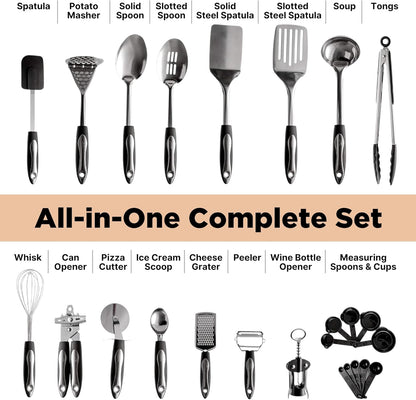 25-Piece Stainless Steel Kitchen Utensil Set | Non-Stick Cooking Gadgets and Tools Kit | Durable Dishwasher-Safe Cookware Set | Kitchenware Gift Idea, Best New Apartment Essentials