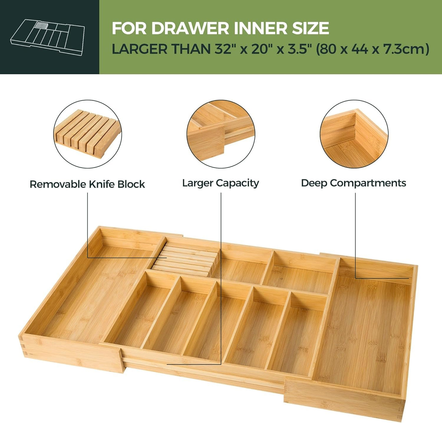VaeFae Extra Large Bamboo Cutlery Drawer Organizer, Expandable Kitchen Utensil Organizer with Knife Block, Multifunctional Wooden Drawer Divider