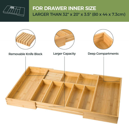 VaeFae Extra Large Bamboo Cutlery Drawer Organizer, Expandable Kitchen Utensil Organizer with Knife Block, Multifunctional Wooden Drawer Divider