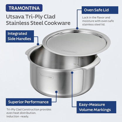 Tramontina Utsava 9.5-Quart Tri-Ply Clad Stainless Steel Tope with Lid, Patila Pot for Indian Cooking