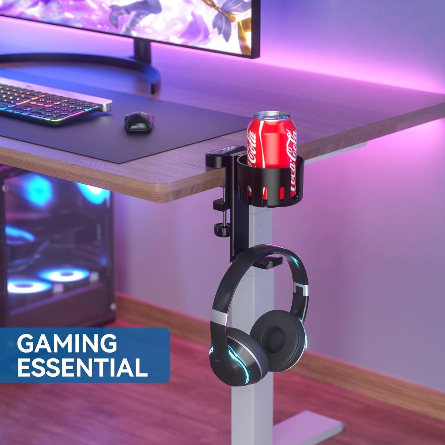 KDD 2 in 1 Headphone Hanger with Desk Cup Holder - Under Desk Clamp Rotatable Headset Holder - Suitable for Coffee Mups, Water Cups, Headphone(Black)