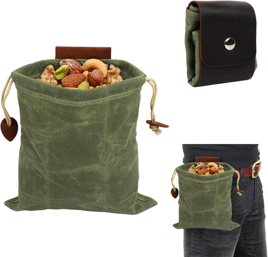 phpingan® Genuine Leather Foraging Bag with Strap(Non PU Leather), Collapsible Bushcraft Bag with Waxed Canvass Water Proof Belt Pouch, Backpacking Gear for Outdoor Camping Hiking Travel Green