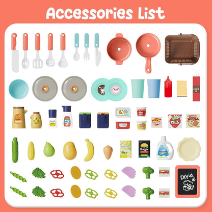 CUTE STONE Pretend Play Kitchen, Water Sink, Stove with Steam&Light&Sound, 63PCS Toy Kitchen Accessories with Toy Food, Pots, Utensils, Kids Kitchen Play Set, Ideal Gift for Boys Girls Toddlers(Pink)