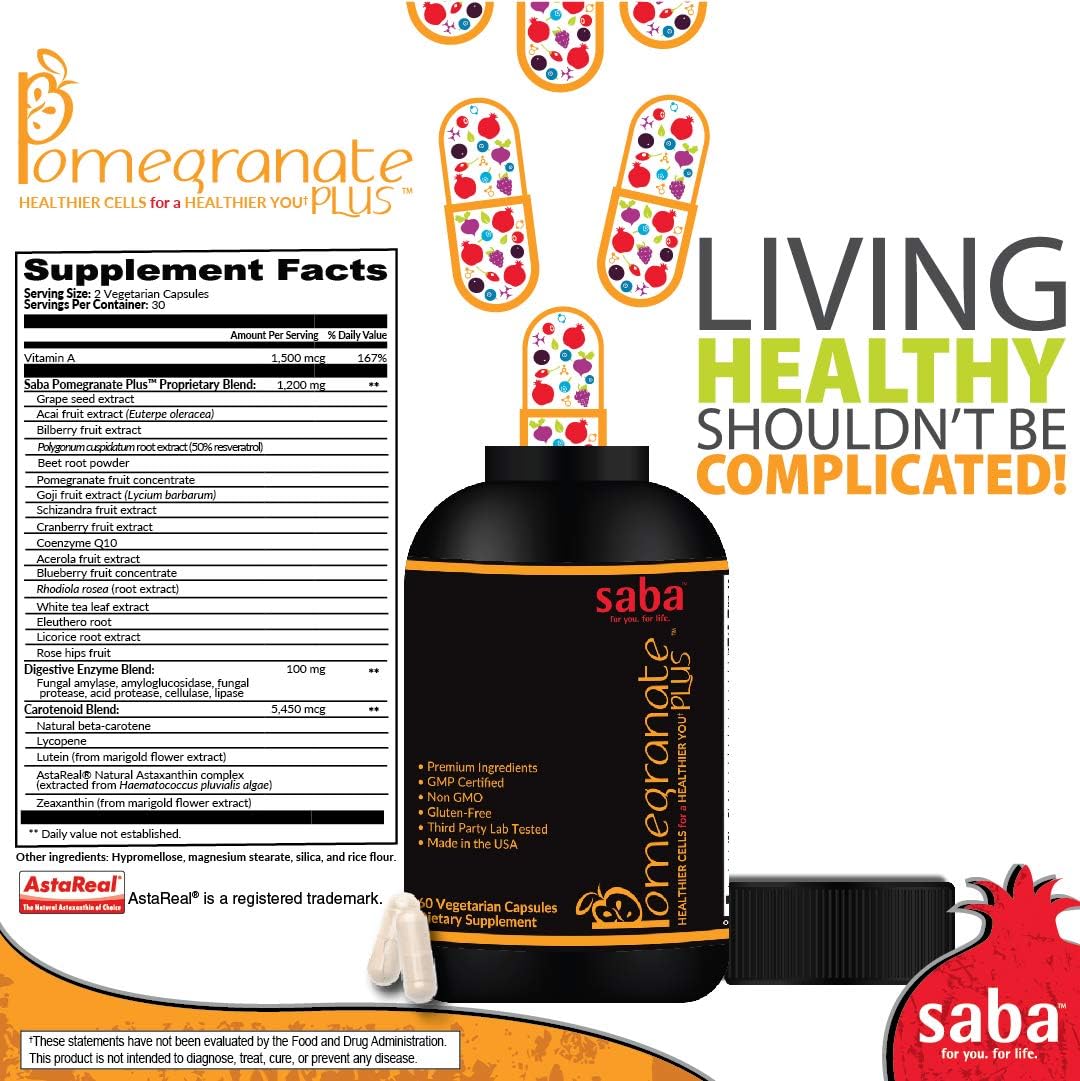 Saba Pomegranate Plus -Cellular Nutrition, Broad Spectrum of Essential Antioxidants - Support Stress, Cardiovascular Wellness, Immune System, Vision- 60 Capsules