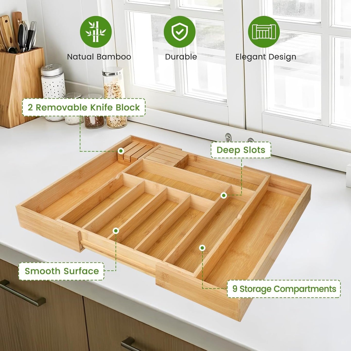 Expandable Cutlery Organizer, 7-9 Slot Bamboo Utensil Drawer Organizer with 2 Removable Knife Blocks, Adjustable Wooden Cutlery Tray Holder Kitchen Drawer Organizer for Silverware, Flatware