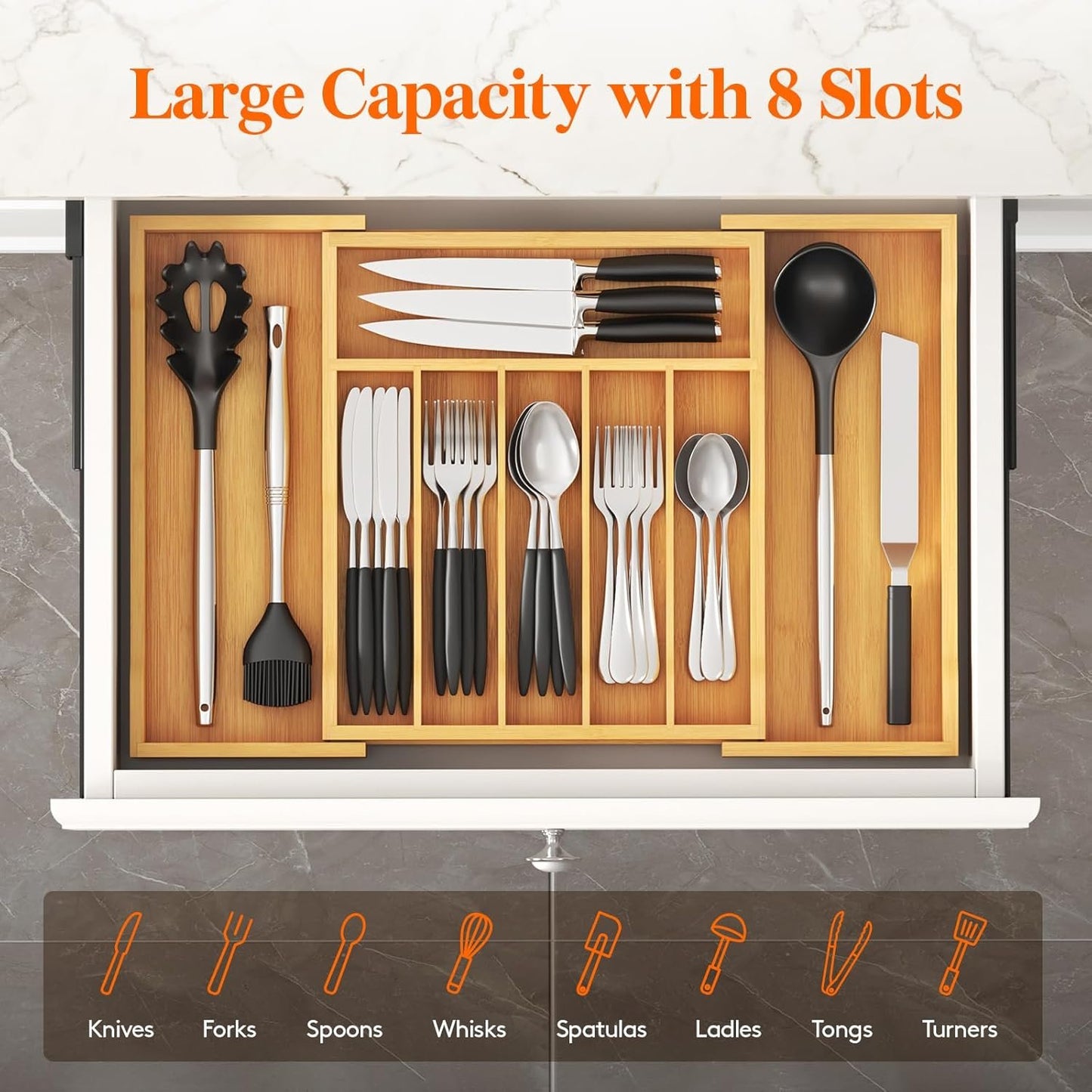 Lifewit Large Cutlery Drawer Organizer, Expandable 13" to 22.5" Utensil Holder for Kitchen, Bamboo Flatware and Silverware Tray, Wood Adjustable Storage for Spoons Forks Knives, Natural