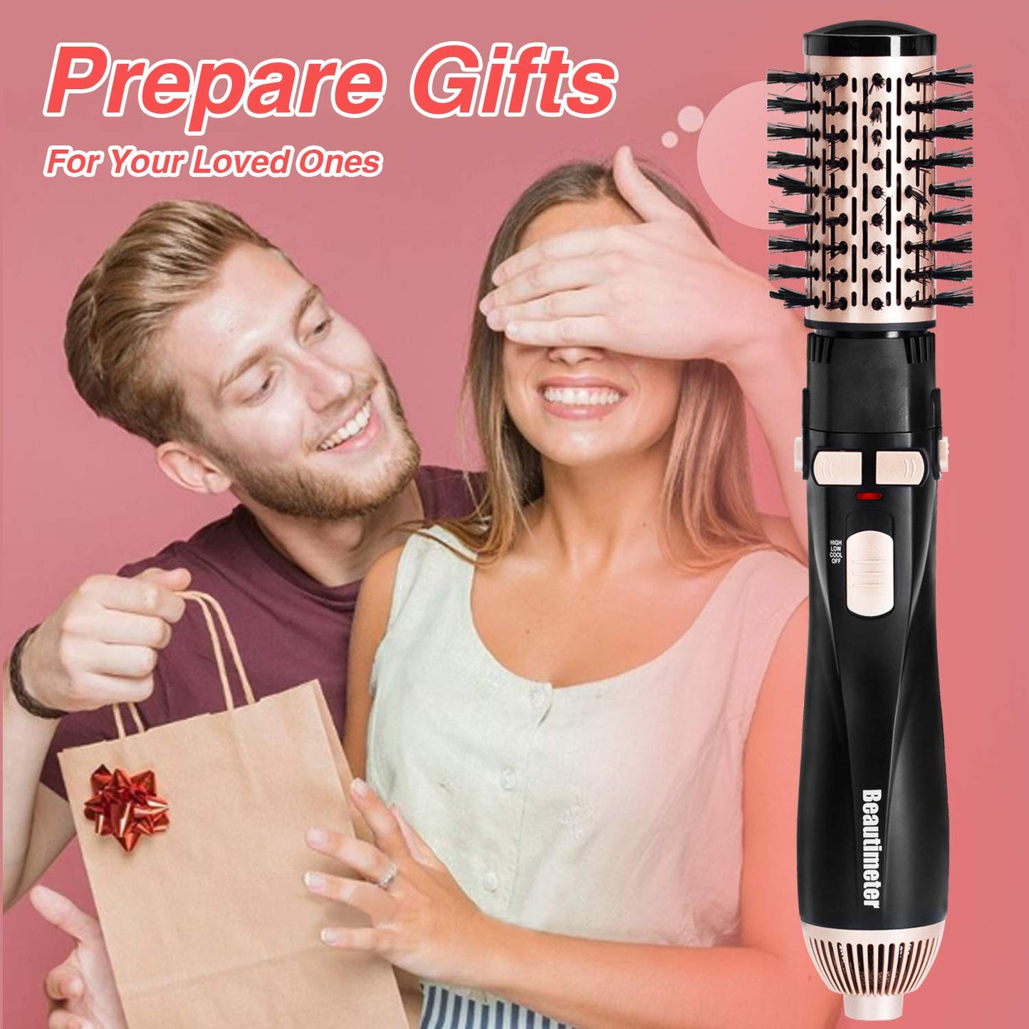 BEAUTIMETER 1200W Hot Air Spin Brush Kit, 3 in 1 Hair Dryer and Styler, Negative Ionic Hair Care, Black & Gold