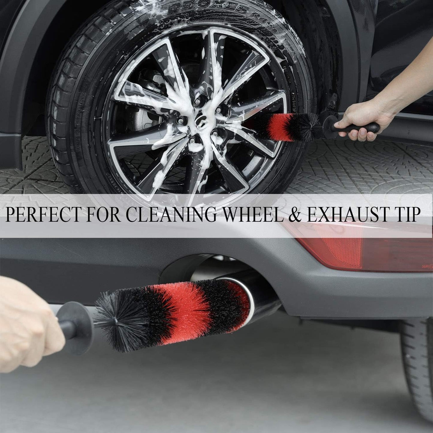 TAKAVU Master Wheel Tire Brush, Easy Reach Wheel and Rim Detailing Brush Long Soft Bristle, Car Tire Brush, Wheel Scrub Brush, Multipurpose use for Wheels Rims Exhaust Tips Motorcycles (Red)