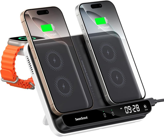 SwanScout Wireless Charger for Apple Watch and Phone, Dual Phone Charger for iPhone 16/15/14/13/12/11/8/X Series, for Apple Watch 10/9/8/7/6, Ultra 2/Ultra, for AirPods 4/Pro 2/Pro/3, SwanScout 710A