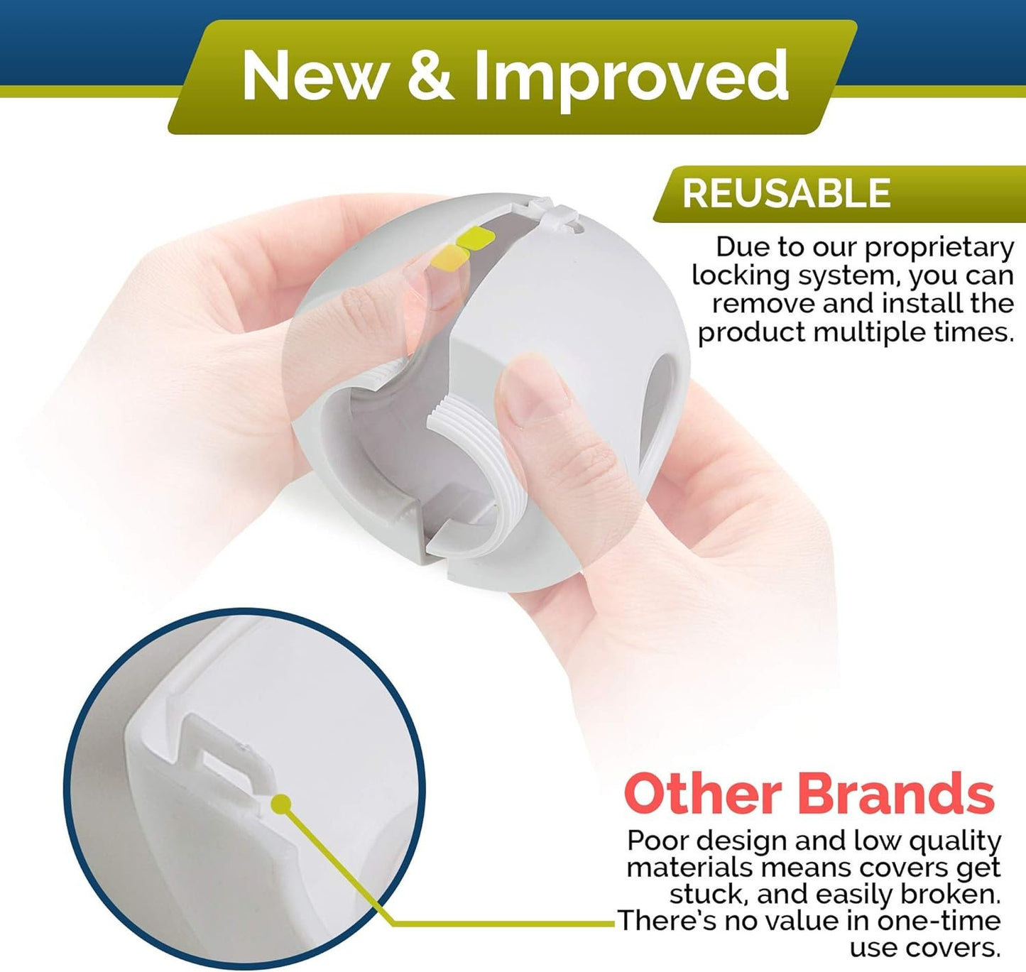 Child Safety Door Knob Cover (4 Pack) Hard-to-Remove Dual-Lock Door Handle Covers Locks for Kids - Reusable Baby Proof - Installs Easily, No Tools Needed