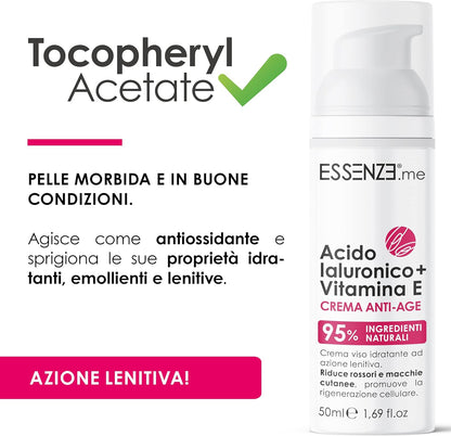 Anti-Wrinkle Face Cream Hyaluronic Acid and Vitamin E | 95% Natural | Moisturizing, Soothing and Liftant Action for Face and Eye Contour | 50 ml